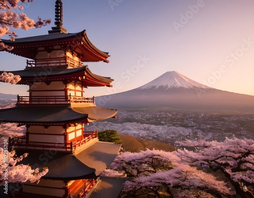 nowy mountains Fujiyoshida, Japan Beautiful view of mountain Fuji and Chureito pagoda at sunrise, Japan in the spring with cherry blossoms