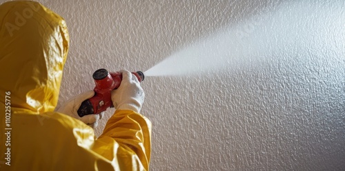 A worker wearing protective gear operates a paint sprayer on a large white wall. photo