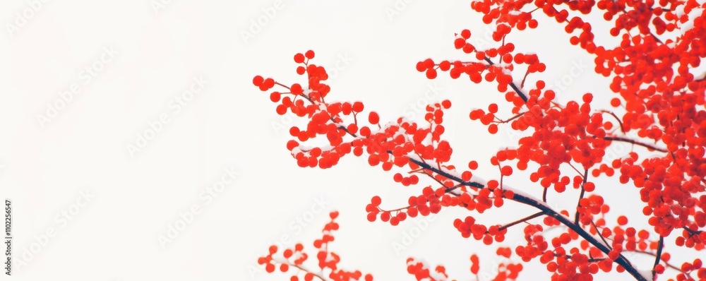 Wide banner. Vibrant red berries branches against a neutral background. Wide banner. Vibrant red berries branches against a neutral background.