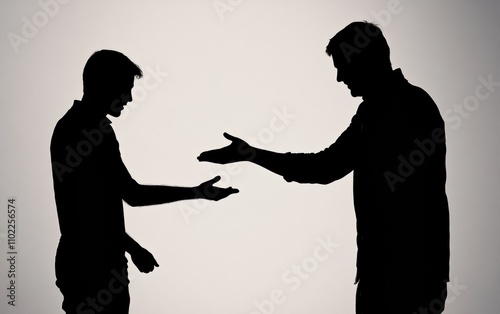 Silhouettes of two arguing men against a light grey background. 