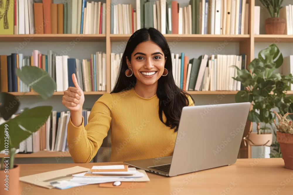 Sign language therapist talking on video call. Happy young Indian teacher woman speaking to student with hearing disability, showing hand gesture at laptop, working at computer in library Sign language therapist talking on video call. Happy young Indian teacher woman speaking to student with hearing disability, showing hand gesture at laptop, working at computer in library