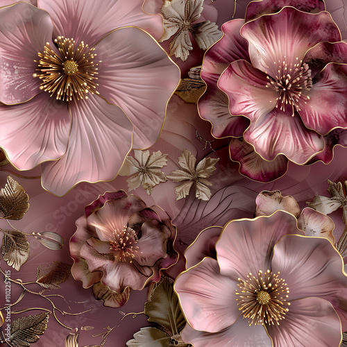3D opulent flowers in shades of pink with gold