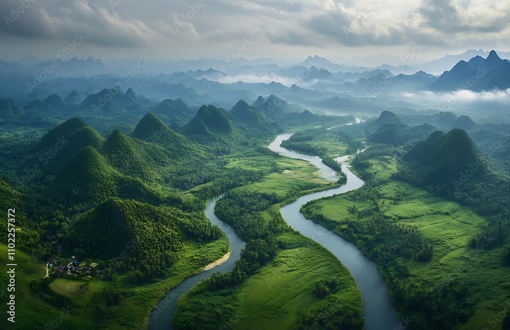 Winding river snakes through lush green hills and valleys under a cloudy sky in a remote landscape Winding river snakes through lush green hills and valleys under a cloudy sky in a remote landscape