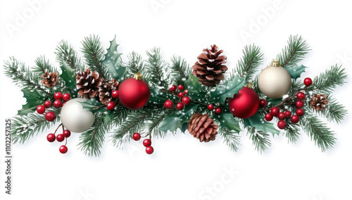 Christmas Branches Border with Christmas Decorations on Transparent Background 