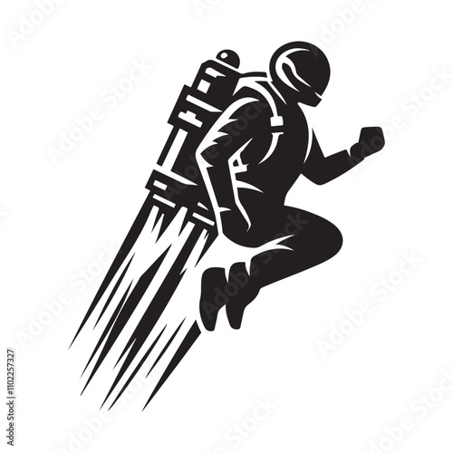  Figure flying a jetpack silhouette vector art black color design and solid white background