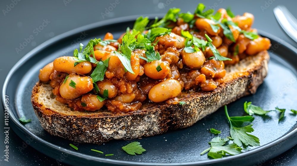 A picturesque serving of baked beans on whole-grain bread, garnished with fresh herbs, a protein-packed comfort meal. A picturesque serving of baked beans on whole-grain bread, garnished with fresh herbs, a protein-packed comfort meal.