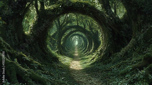 Enchanted dirt path leading through a mystical forest with lush greenery and vibrant foliage