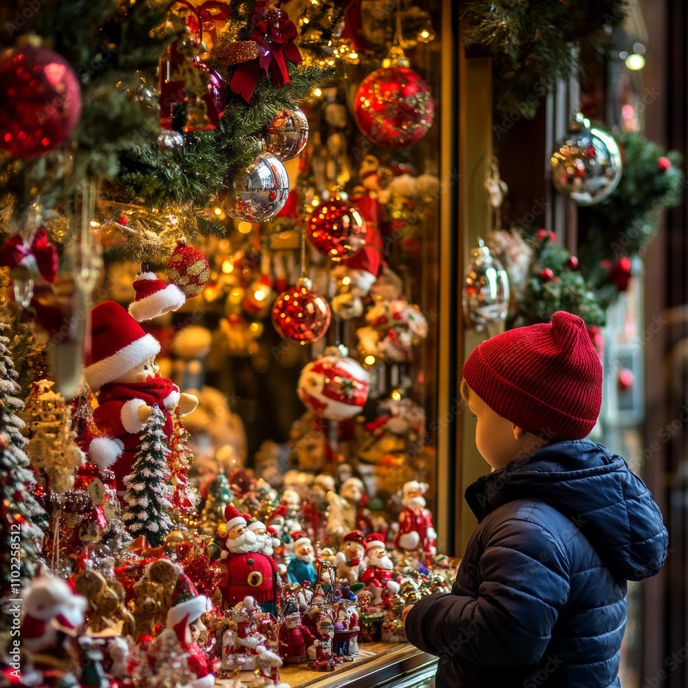 Fototapeta premium Little boy admires Christmas decorations in showcase of shop on winter evening. Tourist looking on Xmas toys and accessories on traditional Christmas market in Tallinn, Estonia.