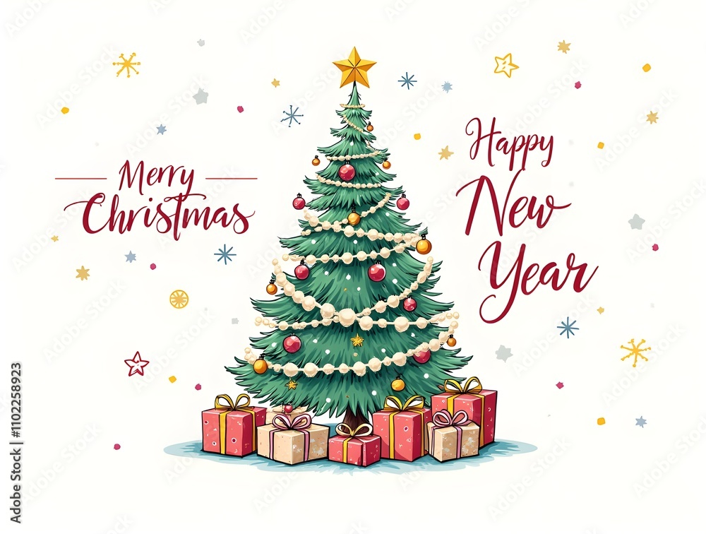 Merry Christmas tree and Happy New Year greeting card Illustration Merry Christmas tree and Happy New Year greeting card Illustration