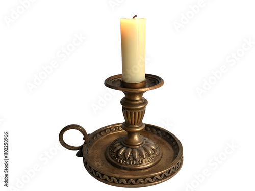 Bronze vintage candle holder with a tall candle burning on an isolated background in the center of the frame