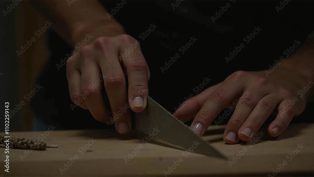 Close-up of hands sawing wood with a hand saw on a workbench, focus on the tool and action. Generative, AI, Close-up of hands sawing wood with a hand saw on a workbench, focus on the tool and action. Generative, AI,
