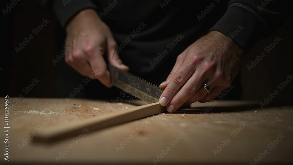 Close-up of hands sawing wood with a hand saw on a workbench, focus on the tool and action. Generative, AI, Close-up of hands sawing wood with a hand saw on a workbench, focus on the tool and action. Generative, AI,