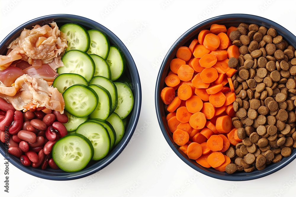 Healthy and Balanced Pet Food Options Alongside Fresh Human Foods in Two Separate Bowls on a White Background