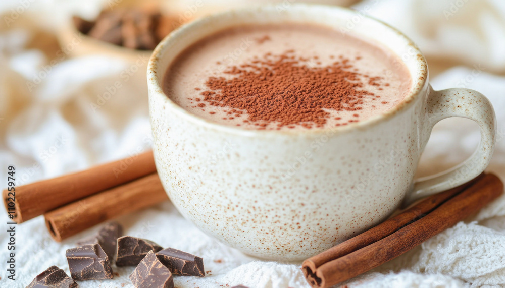 Steaming mug of hot chocolate with cocoa powder, cinnamon sticks, and chocolate chunks Steaming mug of hot chocolate with cocoa powder, cinnamon sticks, and chocolate chunks