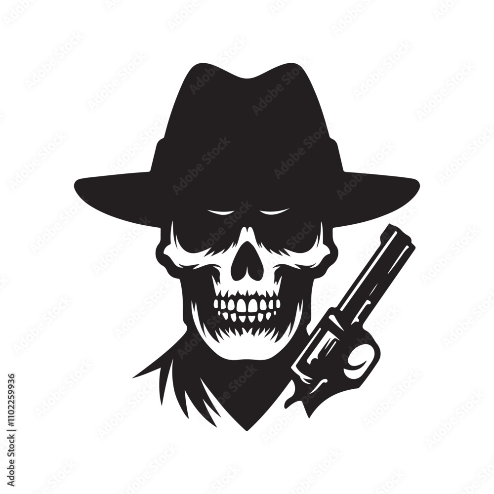 Scary skull wearing a hat silhouette vector art black color design and solid white background 