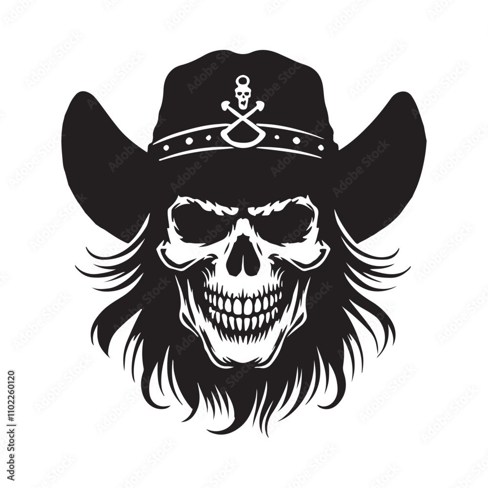 Scary skull wearing a hat silhouette vector art black color design and solid white background Scary skull wearing a hat silhouette vector art black color design and solid white background