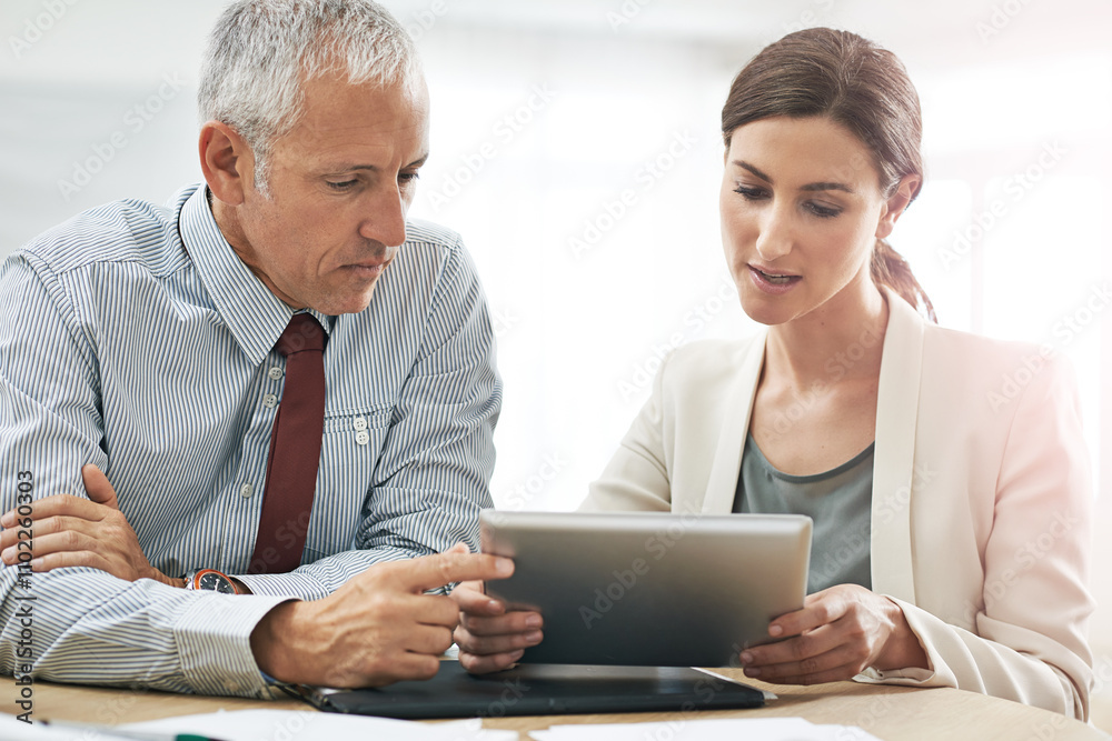 Collaboration, business people and tablet for planning, coaching or feedback with mature mentor. Training intern, teamwork and manager with tech for help with investment or finance results in office Collaboration, business people and tablet for planning, coaching or feedback with mature mentor. Training intern, teamwork and manager with tech for help with investment or finance results in office