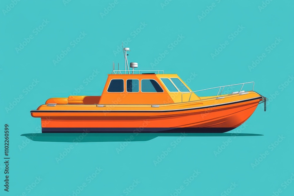 Bright orange boat against a turquoise background illustrates a vibrant marine scene during daytime Bright orange boat against a turquoise background illustrates a vibrant marine scene during daytime