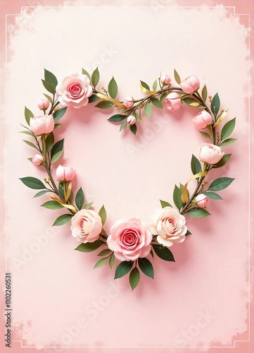 Elegant flowers in heart shape - valentines soft pastel pink gradient background v1