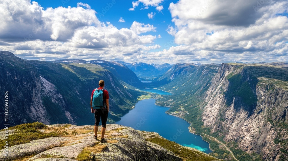 Breathtaking View of the Norwegian Fjords from a Majestic Mountain Peak Breathtaking View of the Norwegian Fjords from a Majestic Mountain Peak