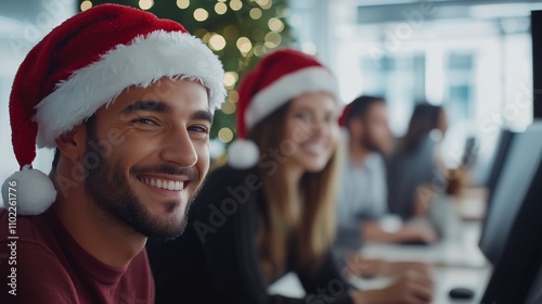 Office workers in Santa Claus's hats in the office. New Year's background. Merry Christmas greetings. The team is working. Corporate.