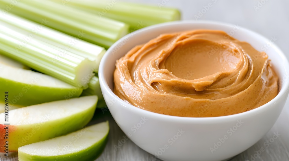 A creamy bowl of peanut butter spread next to freshly sliced apples and celery sticks, a simple protein snack. A creamy bowl of peanut butter spread next to freshly sliced apples and celery sticks, a simple protein snack.