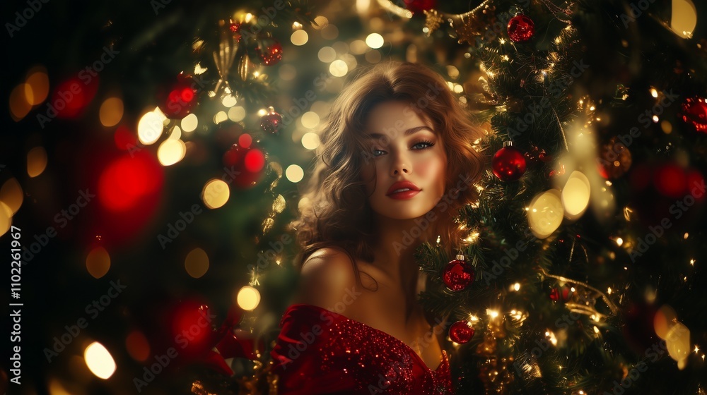 Beautiful girl in Santa Claus hat. New Year background. Merry Christmas greetings. Advertisement. Decorations, garlands, Christmas tree. Beautiful girl in Santa Claus hat. New Year background. Merry Christmas greetings. Advertisement. Decorations, garlands, Christmas tree.