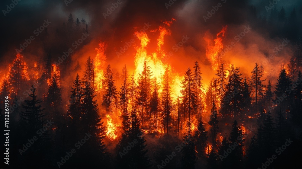 A forest engulfed in flames, illustrating the destructive impact of wildfires on nature.