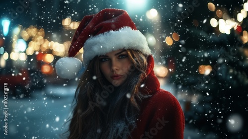 Beautiful girl in Santa Claus hat. New Year background. Merry Christmas greetings. Advertisement. Decorations, garlands, Christmas tree.