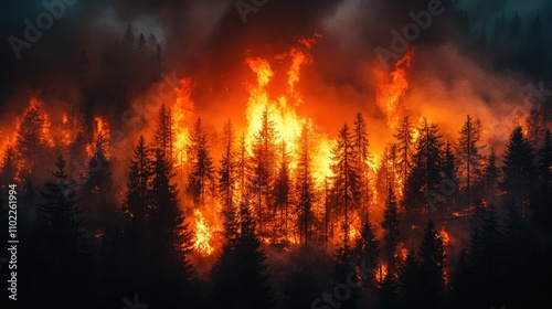Obraz na płótnie A forest engulfed in flames, illustrating the destructive impact of wildfires on nature. w salonie