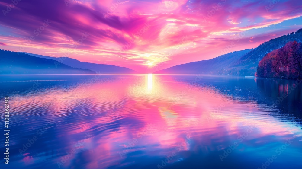 Serene mountain lake at sunrise reflecting vibrant pink and purple sky on tranquil waters Serene mountain lake at sunrise reflecting vibrant pink and purple sky on tranquil waters