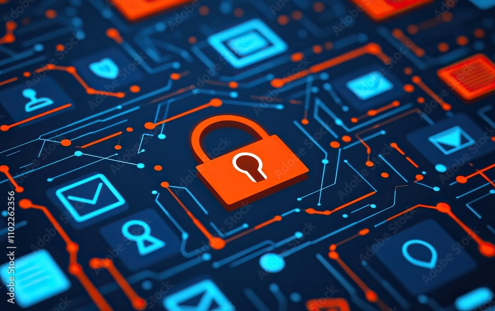 A digital security concept featuring a central lock symbol surrounded by various icons representing data and communication, with vibrant blue and red colors. A digital security concept featuring a central lock symbol surrounded by various icons representing data and communication, with vibrant blue and red colors.