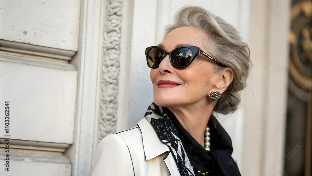 Ältere schöne Frau lächelnd mit Sonnenbrille und eleganter Kleidung vor heller Fassade Ältere schöne Frau lächelnd mit Sonnenbrille und eleganter Kleidung vor heller Fassade