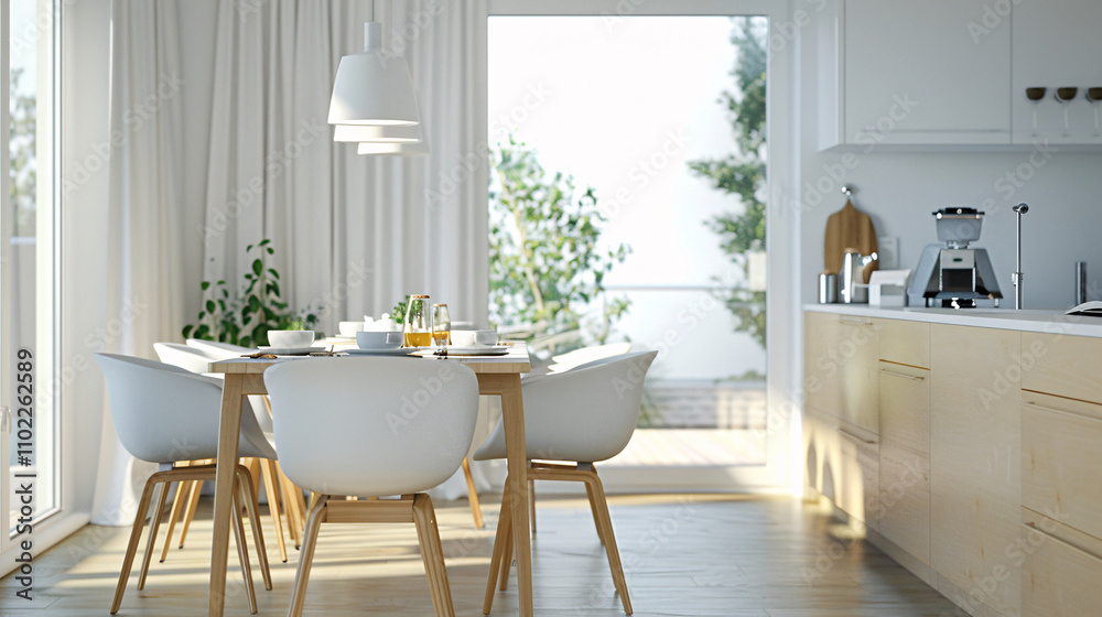 Fototapeta premium Clean dining table and chairs in a kitchen interior.