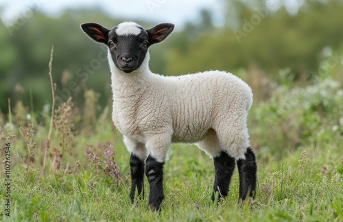 Here's a suggested and keyword list for your stock photo.. Adorable newborn lamb with black legs and head standing in a lush green field.