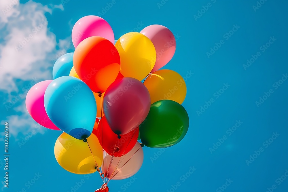 Colorful balloons in the blue sky with white clouds, birthday background Colorful balloons in the blue sky with white clouds, birthday background