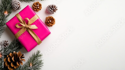 A vibrant pink gift box adorned with a golden ribbon, surrounded by pinecones and evergreen branches, perfect for festive celebrations.