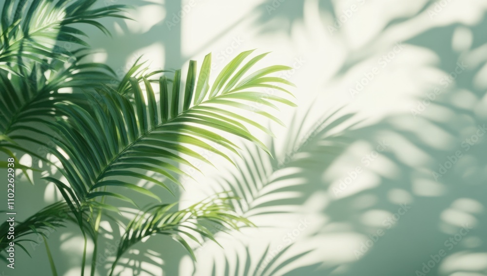 3D scene for luxury organic cosmetics, skincare, and beauty treatments with a blank minimal white counter podium, gentle dappled sunlight, and a tropical palm leaf shadow on the wall 3D scene for luxury organic cosmetics, skincare, and beauty treatments with a blank minimal white counter podium, gentle dappled sunlight, and a tropical palm leaf shadow on the wall
