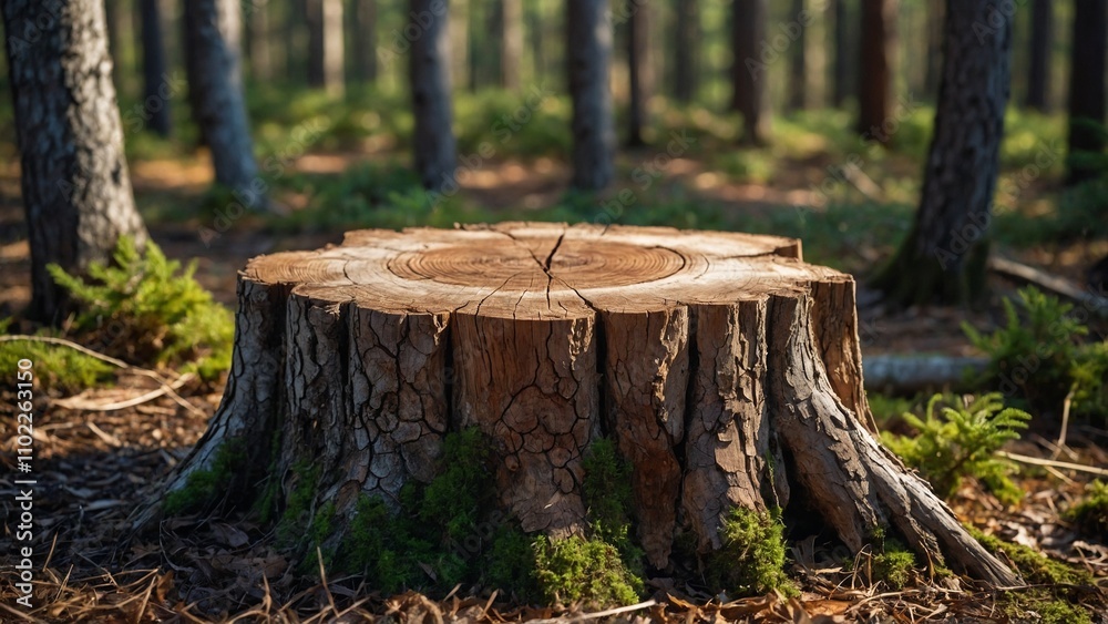 Cut tree stump empty mockup surface in a forest of trees background Cut tree stump empty mockup surface in a forest of trees background