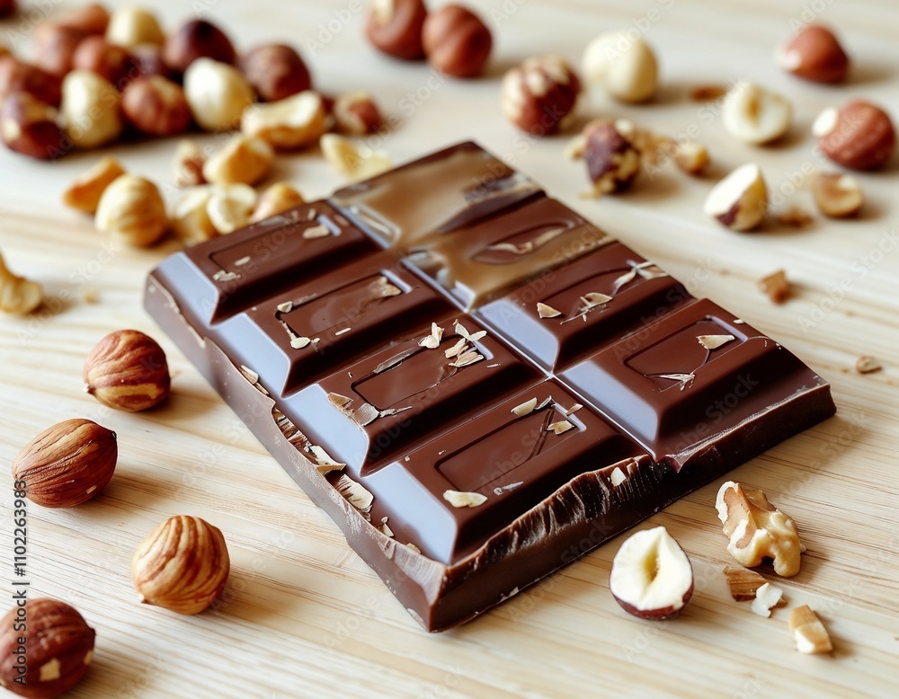 Chocolate bar topped with crushed hazelnuts on a wooden board surrounded by whole nuts