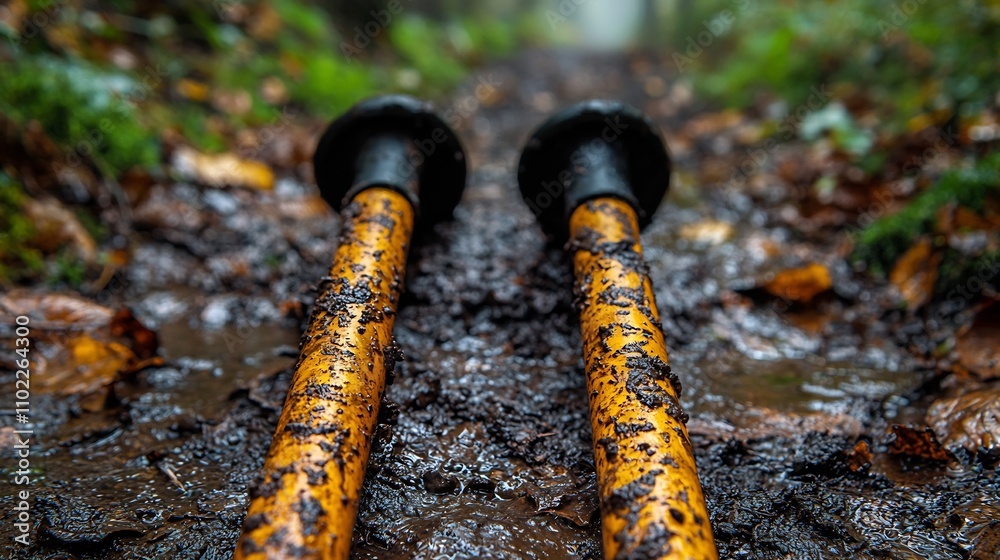Fototapeta premium Mud Splattered Hiking Poles on Woodland Trail Symbolize Overcoming Challenges