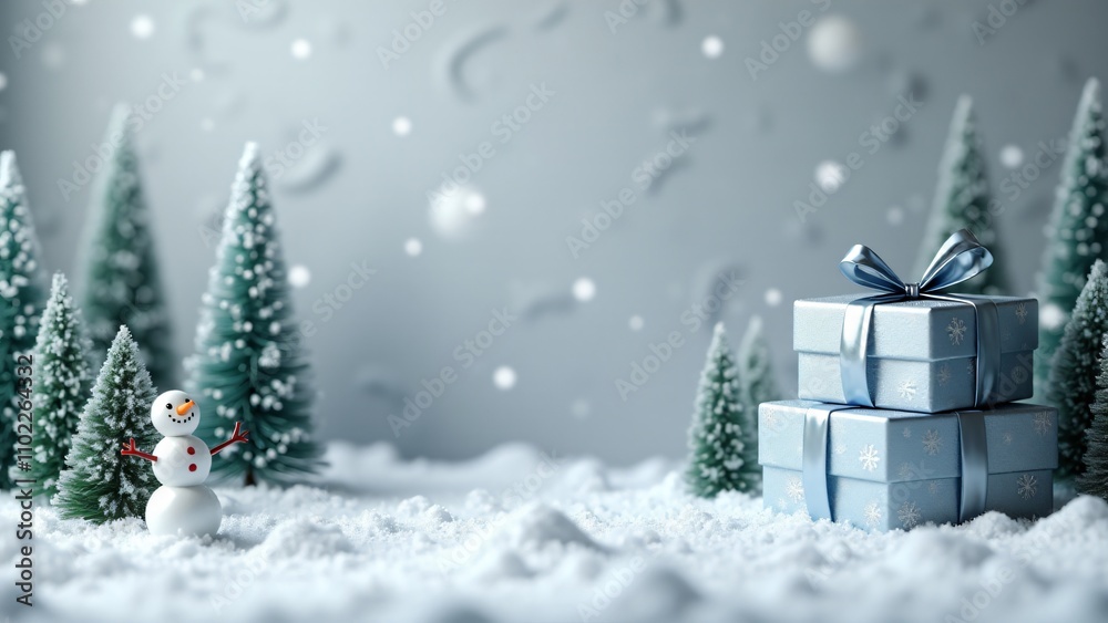 Obraz premium Snowy forest with frosted pine trees, cheerful snowman, and elegant blue gift boxes tied with silver ribbons. A magical holiday ambiance with falling snow.