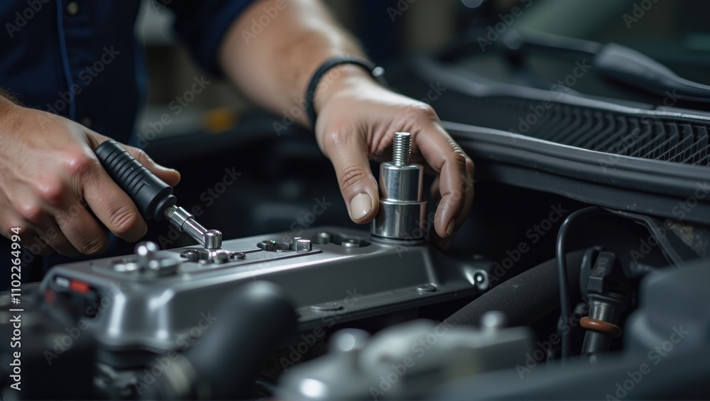 Mechanic working on car engine, hands with tools, close-up, maintenance, repair. Generative, AI, Mechanic working on car engine, hands with tools, close-up, maintenance, repair. Generative, AI,