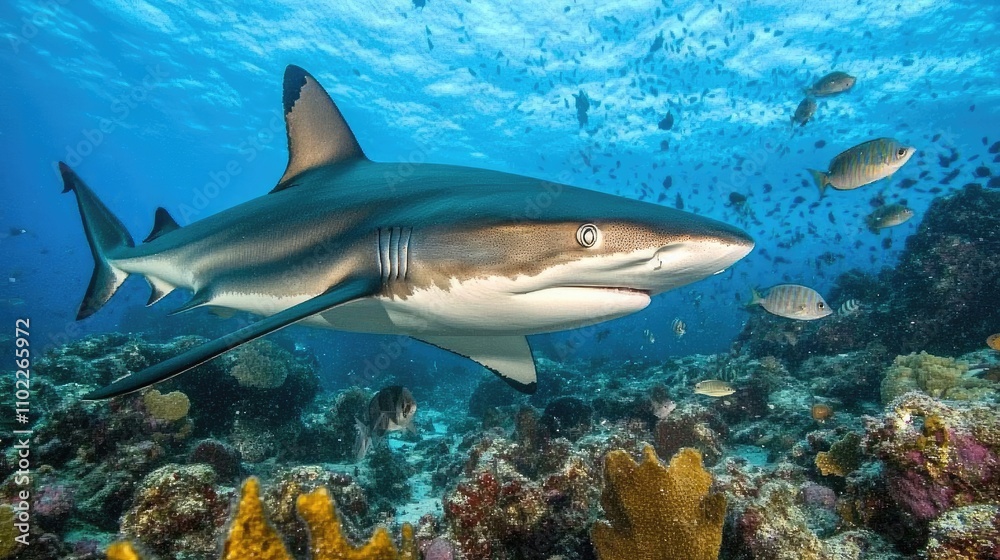Fototapeta premium Shark Swimming Gracefully Through Vibrant Coral Reef Ecosystem