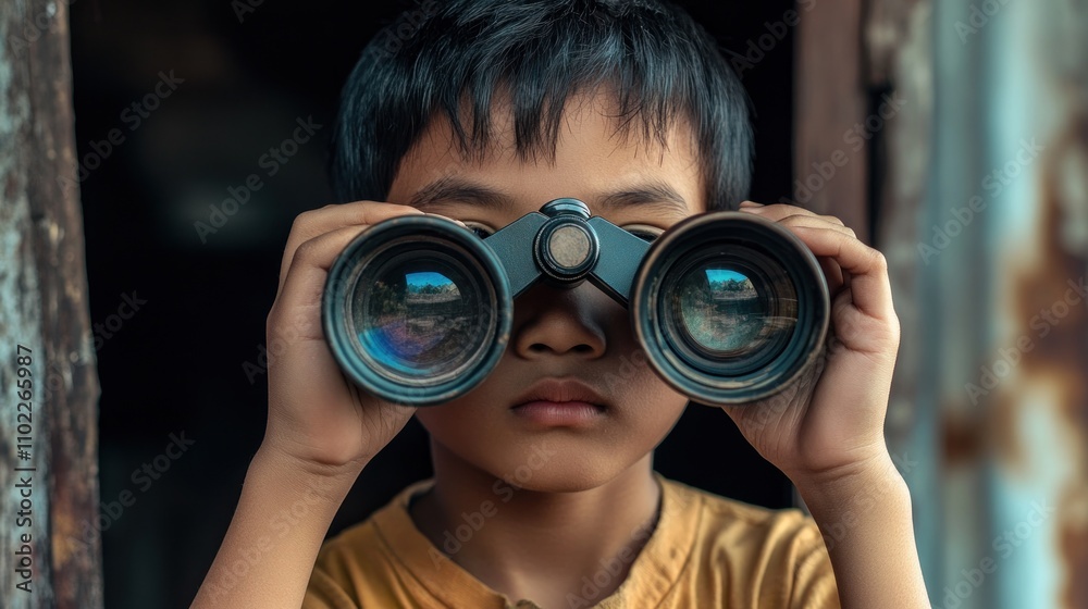 A boy looking through binoculars, focused and curious about his surroundings. A boy looking through binoculars, focused and curious about his surroundings.