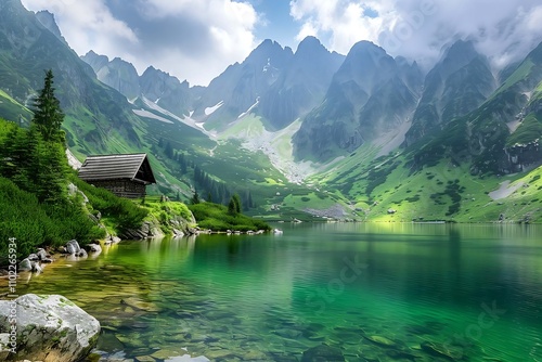 Fototapeta Naklejka Na Ścianę i Meble -  green landscape with mountain covered in forest and lake with fresh blue water
