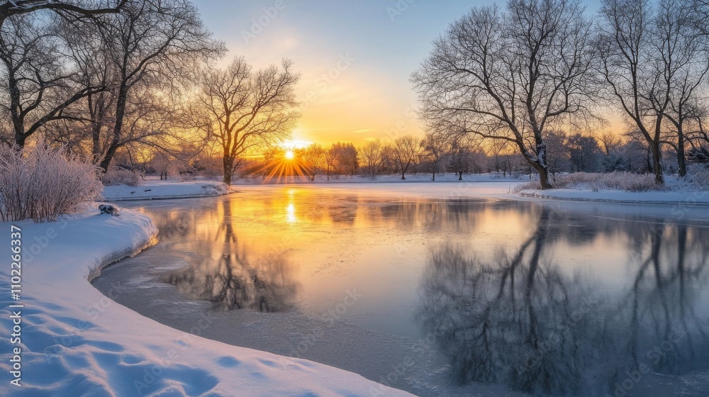 Sunset Over a Frozen Lake with Bare Trees and Golden Reflections Sunset Over a Frozen Lake with Bare Trees and Golden Reflections