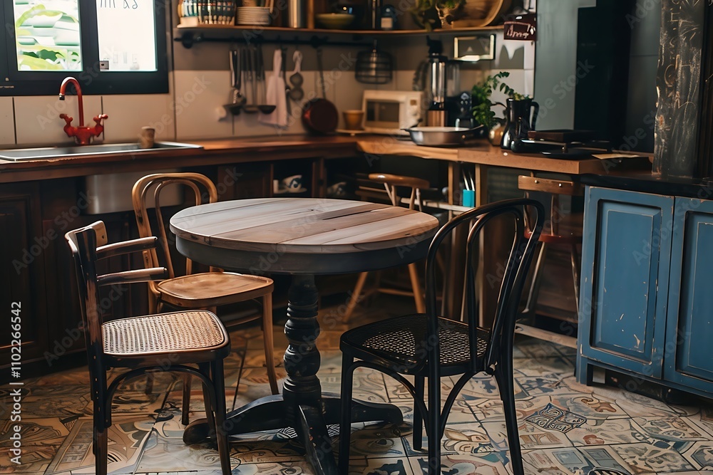 Wooden kitchen table and chairs in a rustic style. Vintage style. Wooden kitchen table and chairs in a rustic style. Vintage style.