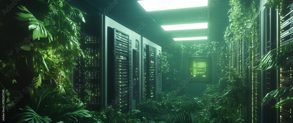Futuristic Server Room with Plants - AI generated illustration