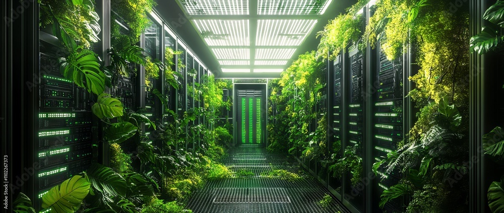 Futuristic Server Room with Plants - AI generated illustration